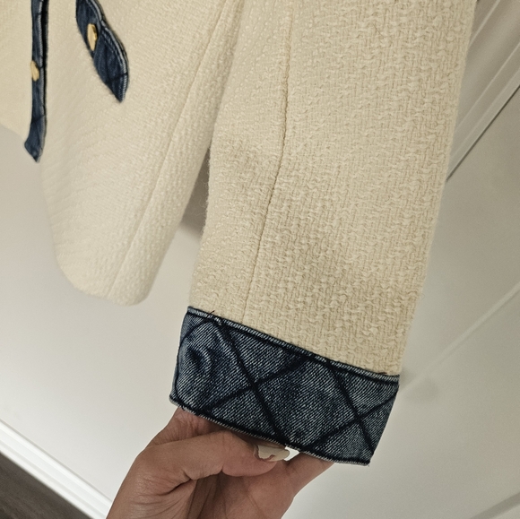 Sandro Ivory Tweed Jacket with Quilted Denim Inserts Size 38/US Size 6 - Picture 11 of 16